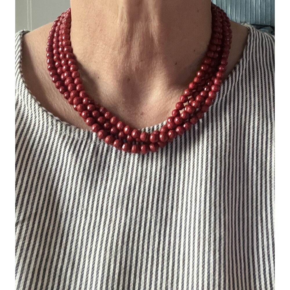 Red Faceted Stone Bead Multi Strand Statement Necklace Toggle Clasp Boho